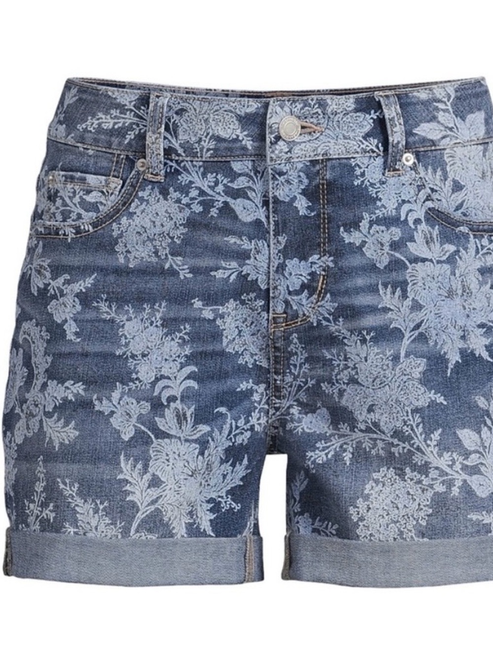 Time and Tru Women's Size 12 Floral Cuffed Blue Denim Shorts Stylish Casual